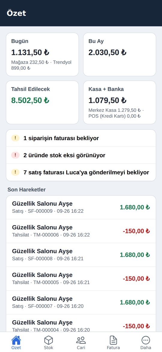 Özet ekranı: bugünkü satış, tahsil edilecek tutar, kasa ve son hareketler